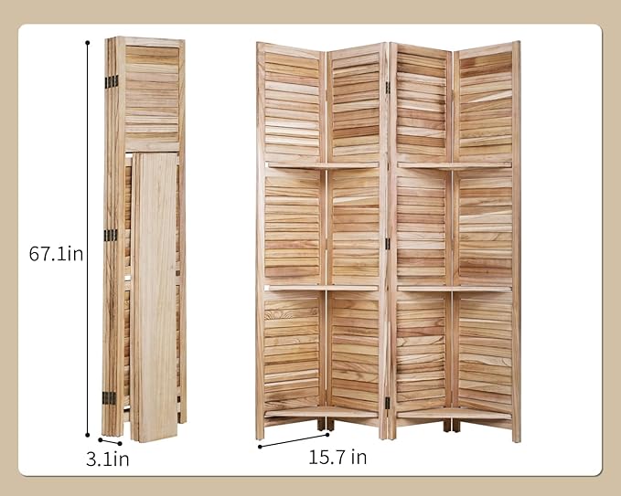 4 Panel Room Divider Folding Privacy Wooden Screen with Three Clever Shelf Portable Partition Wood Divider for Home Office, Natural