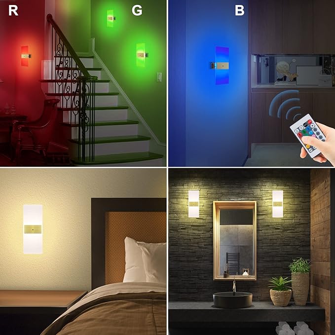 BIGMONAT USB Rechargeable Wireless Wall Light, Color Changing Sconce Light with Remote, Dimmable RGB Night Light for Hallway Bathroom Kids Bedroom Mood Lighting