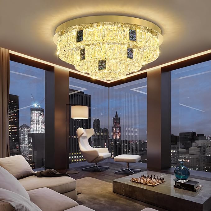 32in Flush Mount Crystal Chandelier Modern LED Gold Ceiling Light 3 Tier Crystal Chandelier for Living Room Dining Room Dimmable 3000k-6000k