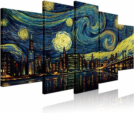 Biuteawal 5 Piece New York City Canvas Wall Art Manhattan Starry Night Skyline Painting Print on Canvas Modern Home Office Living Room Wall Decoration Gallery Wrapped 60x32inch