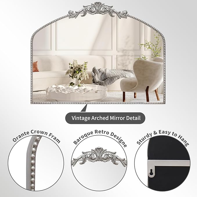 Antique Silver Arch Wall Mirror, 40"x31" Vintage Mantel Mirror with Ornate Metal Frame, Baroque Victorian Mirror for Fireplace/Entryway/Bathroom/Living Room/Hallway
