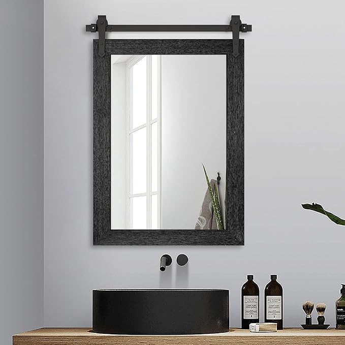 Bathroom Mirror for Over Sink 18”x24” Farmhouse Barn Door Mirror Rustic Wood Framed Wall Mirror for Bathroom, Bedroom, Entryway (Black