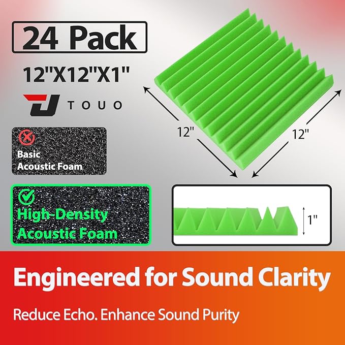 24 Pack Acoustic Panels – Sound Proof Foam Panels for Wall 12"x12"x1", Flame Retardant Wedge Acoustic Foam, High-Density Sound Absorbing Panels for Home Studio(Green, 1" Thick 24 Pack)