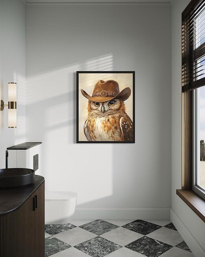 Owl Cowboy Art Print Poster Wall Art, Western Country Farmhouse Wild West for Bedroom, Bathroom, Living Room Art Decor 58 (Owl, 16 x 20 inches, Unframed)