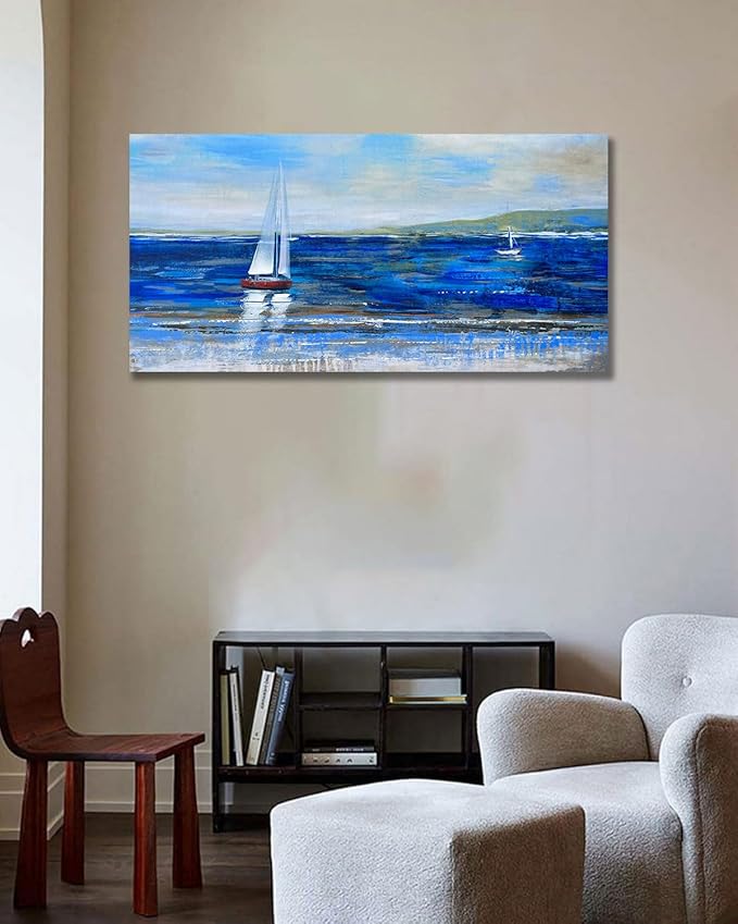 Ardemy Blue Abstract Canvas Wall Art for Living Room Sailboat Large Wall Decor Painting Picture Bedroom Textured Nautical Navy Blue Seascape Artwork Art for Home Office, 40"x20"