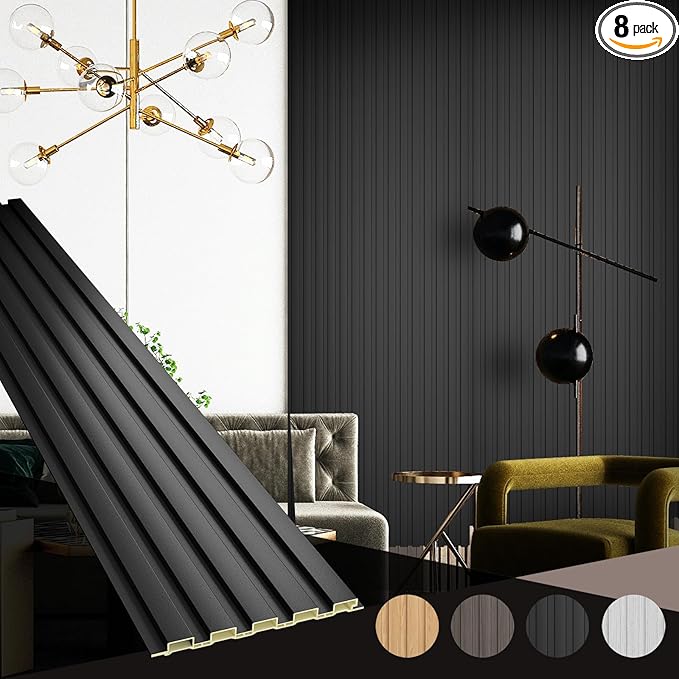 OUZUGIE WPC Acoustic Slat Wall Paneling, 8-Pack 114 x 6 Inches 3D Wall Panels for Interior Wall Decor,Living Room,TV Background,Study Room,Office Spaces,Bedroom,Low Grille (Black)