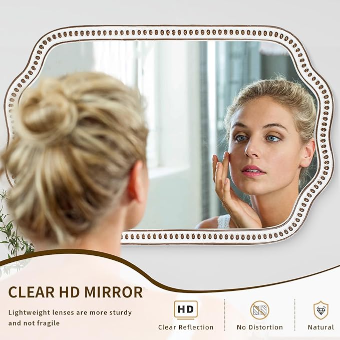 24x36 Inch Wooden Scalloped Farmhouse Mirror for Wall Decor, Rustic Decorative Mirrors for Living Room, Bedroom, Entryway, Bathroom Over Sink - Horizontal/Vertical Mount