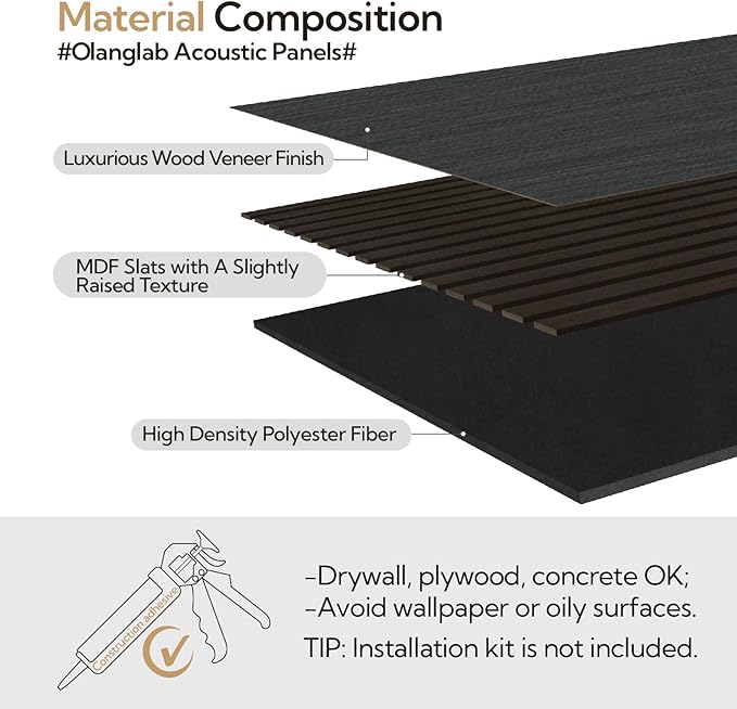 Olanglab Acoustic Wood Wall Panels 4 Pack, Sound Dampening Wood Slat Wall Panels 23.6" x 47.2", Matte Black