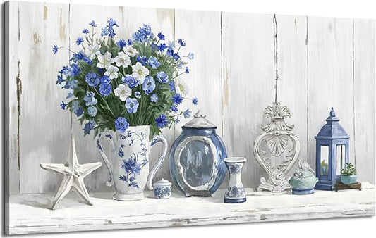 Nicetop Large Coastal Wall Art – Blue and White Floral Artwork, Rustic Farmhouse Canvas Prints with Flowers, Lantern and Ceramics Vintage Country Cottage Picture for Living Room Bedroom Kitchen 48x24 Inch