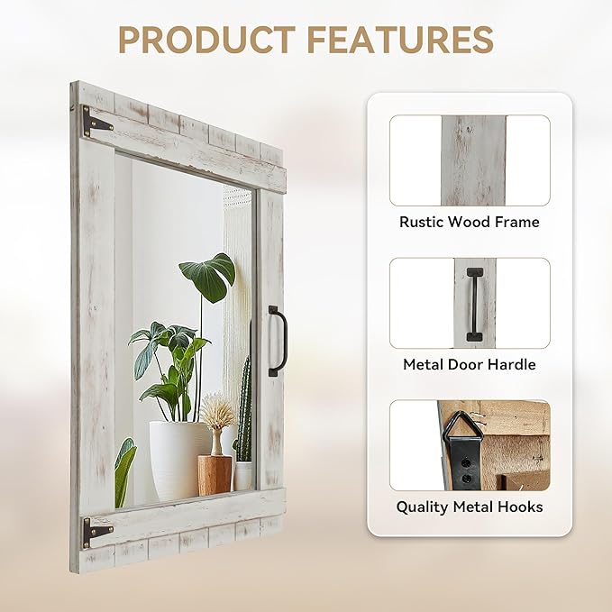 Oakrain Farmhouse Mirror, 24x32 Inch Distressed Gray Wood Frame with Black Metal Hinges, Rustic Wall Mirror for Bathroom, Living Room, Entryway, Bedroom