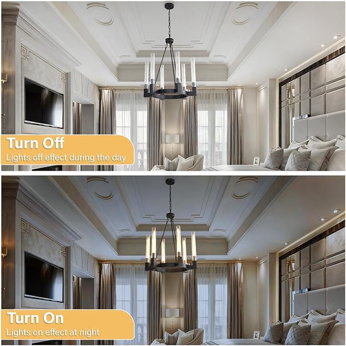 Black Farmhouse Wagon Wheel Chandelier with Glass Tube, 23.6 Inch Large Round 6-Light Luxurious Chandelier Fixture Ceiling Pendant Lighting for Living Room, Dining Room, Bedroom, Foyer