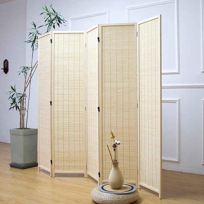 5 Panel Room Divider and Folding Panel Screen,Bamboo Panel Divider Screen for Room Separation,Beige,67" H x 76.75" W