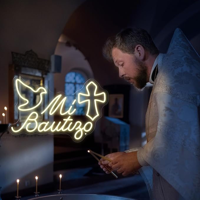 Mi Bautizo Neon Signs for Wall Decor, 15.7 * 10.8 inches Led Baptism Decorations, Perfect For Children's Birthday Party Decoration, Baptism, Bedroom, Garden, Birthday, Christmas, INSNEnN