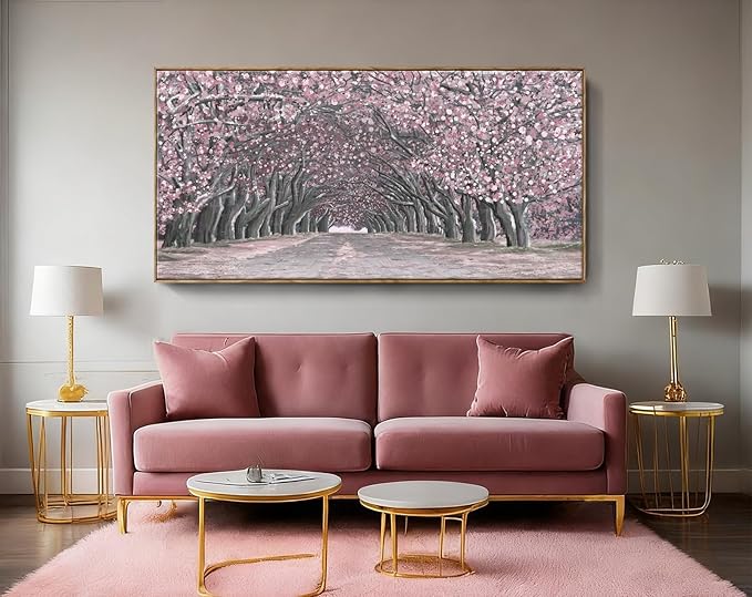 Nicetop Big Framed Canvas Wall Art for Living Room – Large Pink Abstract Floral Canvas Print Cherry Blossom Tree Tunnel Artwork – Oversized Spring Landscape Picture Bedroom Girls Women Decor 58x29Inch