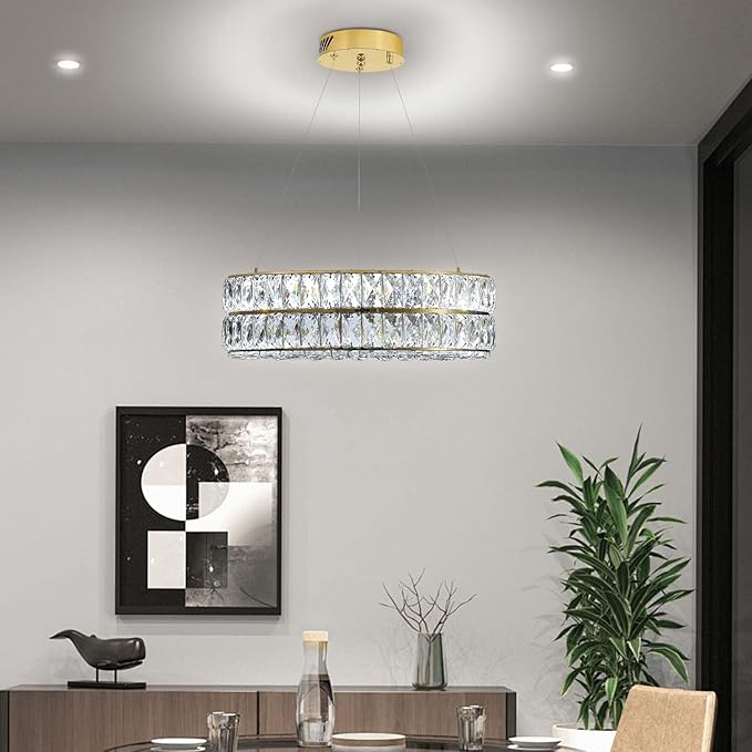 Led 15.7" Gold Ring Crystal Chandelier, Modern Dimmable Chandeliers Lighting and Hanging Adjustable, LED Round Ceiling Light Fixtures for Dining Room Living Room