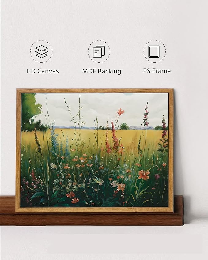 KISSFOX Vintage Wildflower Field Landscape Framed Wall Art Summer Countryside Meadow Canvas Art Farmhouse Rustic Paintings Artwork Nature Serene Art Prints For Kitchen Living room Bedroom