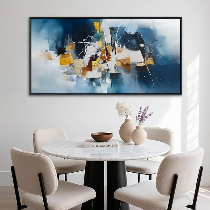 Abstract Canvas Wall Art Navy Blue Wall Art for Living Room Framed Modern Artwork for Walls, Above Bed Wall Decor Navy and Gold for Bedroom and Living Room Office Pictures Wall Decor 24×48IN