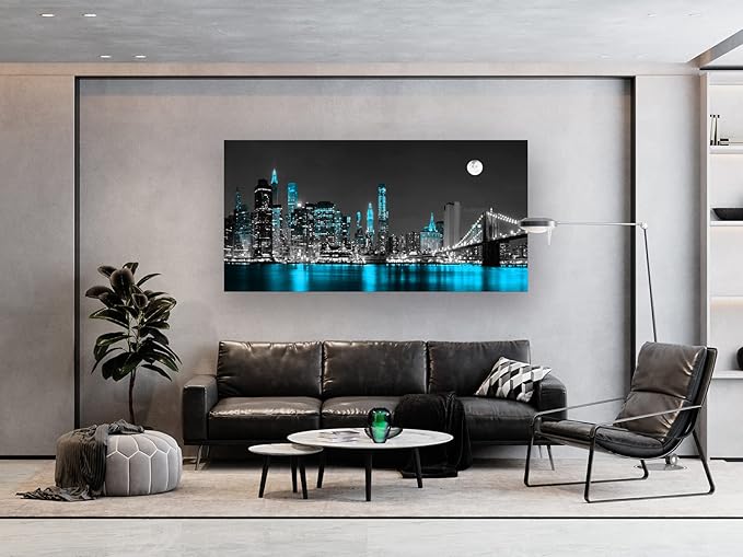 Jiuqinghua Wall Art Decor Canvas Print Picture 1 Panel Black White and Blue New York Brooklyn Bridge Cityscape Night Building Painting for Kitchen Office Home Decor Framed Ready to Hang 30x60inch