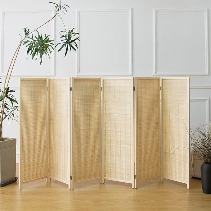 6 Panel Room Divider Short Folding Screen Divider,Double Sided Bamboo Panel Divider for Room Separation,Beige,47.2" H x 92.1" W