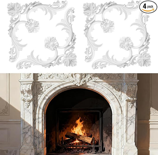 4 Pack Ceiling Molding Kit - 13.4'' x 13.4'' French Style Corners Murals Trim Accent Wall Decor with Flowers Pattern Decorative Panels for Christmas Fireplace Medallion Wall Cabinet Staircase DIY
