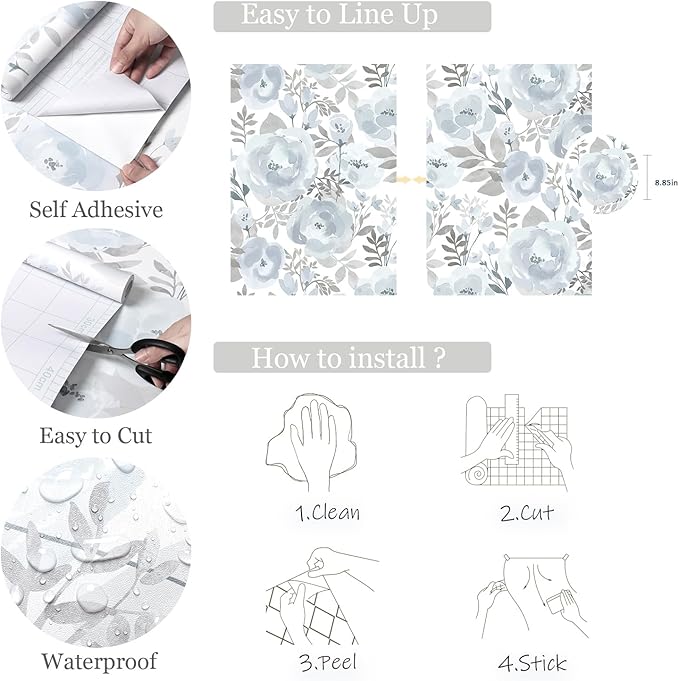 Orainege Floral Wallpaper Peel and Stick Wallpaper Boho 17.3inx393.7n Self Adhesive Contact Paper Removable Decorative Wall Paper for Bedroom Bathroom Shelf Liner Decor Vinyl,Blue