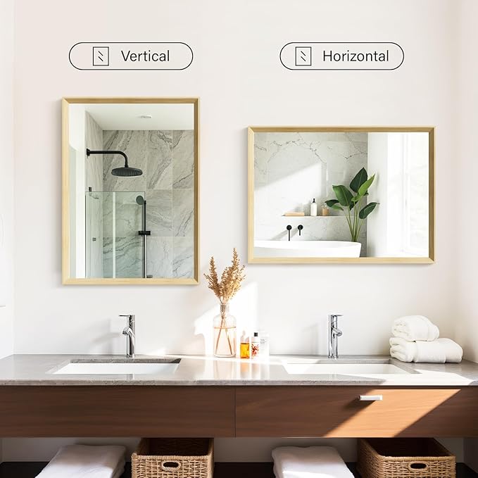 Oak Wood Effect Framed Wall Mirror, 22x30 Rectangle Mirror, 1/8" Anti-desilvering Tempered Glass, Sustainable& Sturdy Frame, Anti-Rust, HD Reflection &3min Fast Setup for Bathroom Living Room