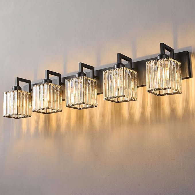 Black Bathroom Light Fixture, 5-Light Crystal Vanity Lighting, Bathroom Lighting Fixtures Over Mirror, Modern Crystal Wall Lamp