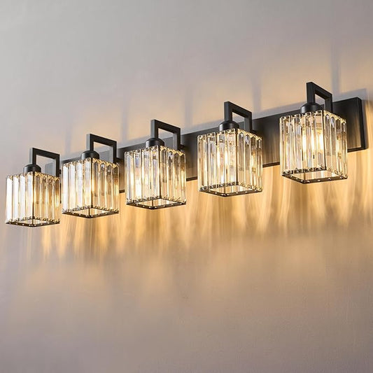 Black Bathroom Light Fixture, 5-Light Crystal Vanity Lighting, Bathroom Lighting Fixtures Over Mirror, Modern Crystal Wall Lamp