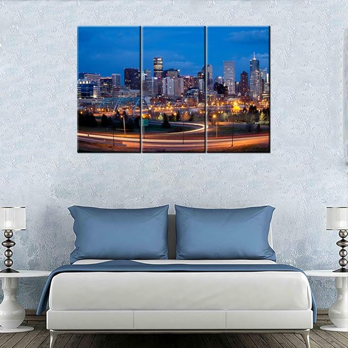 3 Pieces Wall Art Painting Denver Skyline Long Exposure at Night Pictures Prints On Canvas Cityscape The Picture Decor Oil For Home Modern Decoration Print Ready to Hang - 40‘’ x 20‘’ x 3 panels