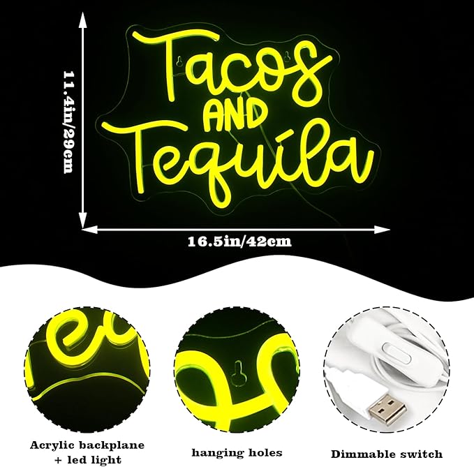 Looklight Tacos and Tequila Neon Sign,Taco Led Neon Signs for Wall Decor,Lemon-yellow Neon Light Sign,Letters USB Connectivity Neon Light Up Sign for Fast Food Shop Bar Kitchen Mexican Restaurant