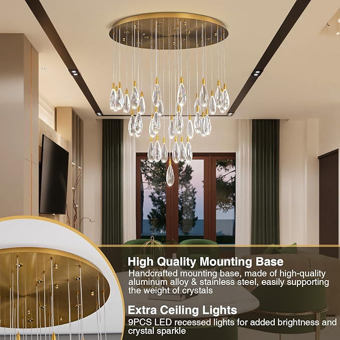 189" Luxury Long Crystal Chandelier, 43-Light Modern Gold Raindrop Staircase Chandelier, Contemporary 4000K Dimmable Flush Mount Light Fixture for Foyer, Entryway, Living Room, High Ceilings