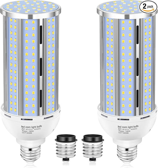 2 Pack 100W Corn LED Light Bulb Fanless,5000K Daylight(1000 Watt Equivalent) E26/E39 Large Mogul Base LED Cob Lamp 15,800LM for Outdoor Indoor Garage Warehouse Factory Workshop Street Backyard