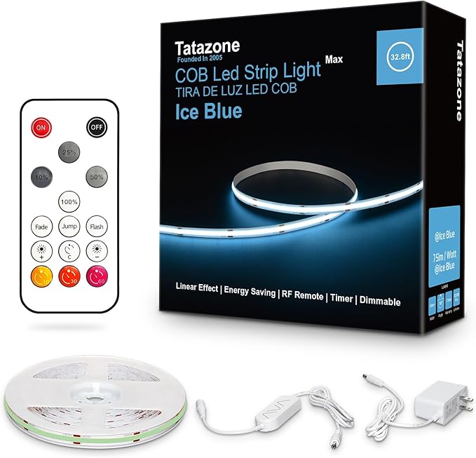 32.8ft Ice Blue COB Led Strip Lights with RF Remote, Dimmable Bright Adhesive Indoor Led COB Light Strip for Cabinet, Painting, Room, Bed