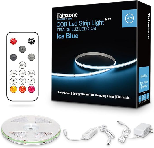 32.8ft Ice Blue COB Led Strip Lights with RF Remote, Dimmable Bright Adhesive Indoor Led COB Light Strip for Cabinet, Painting, Room, Bed