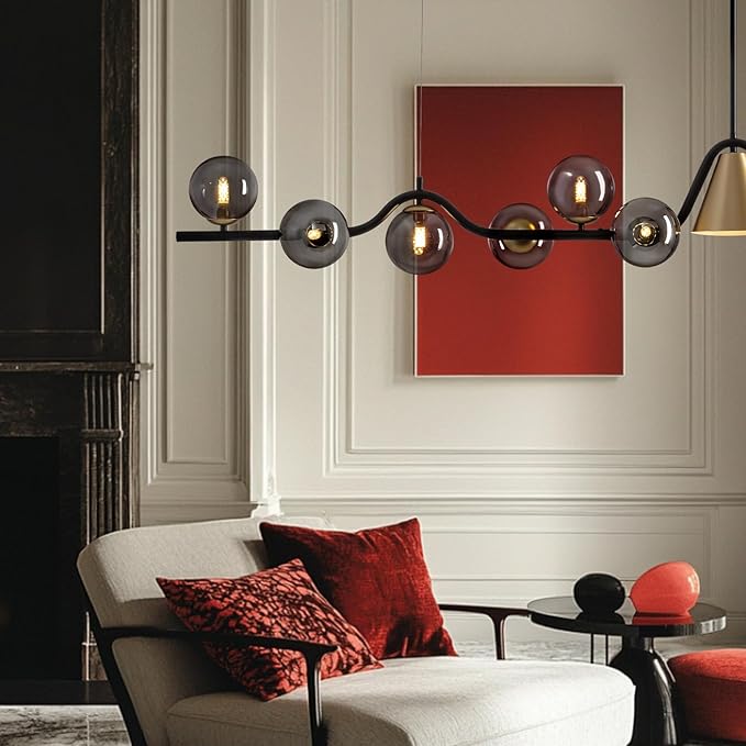 L55 in Mid Century Modern Chandelier, Black and Gold Globe Sputnik Glass Chandeliers Light Fixture,Rectangular Chandelier, 9 Light Dining Room Light Fixtures Over Table