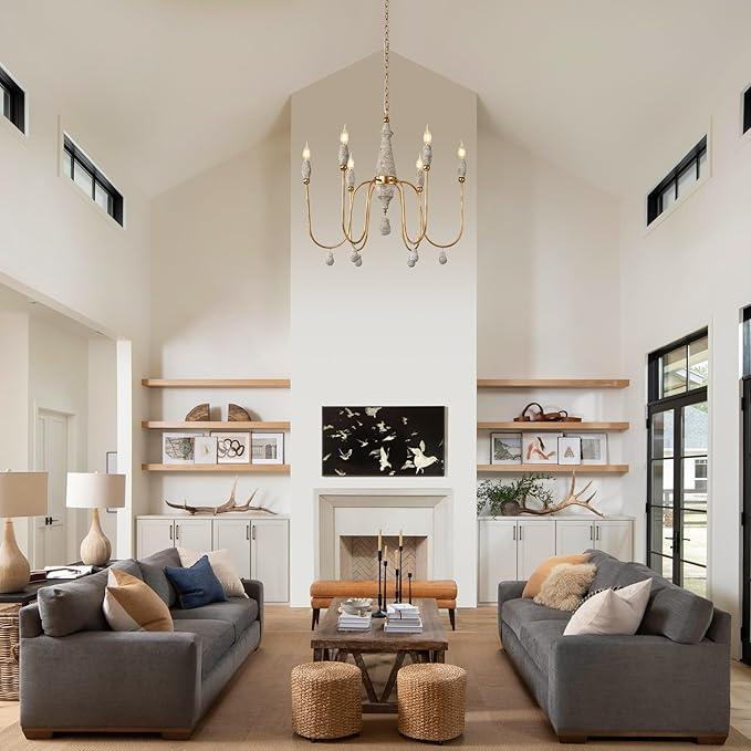 28.5" French Country Chandelier, 6-Light Farmhouse Dining Room Light Fixtures Over Table, Vintage Antique Wood Chandelier for Bedroom Kitchen Island Entryway Living Room Office