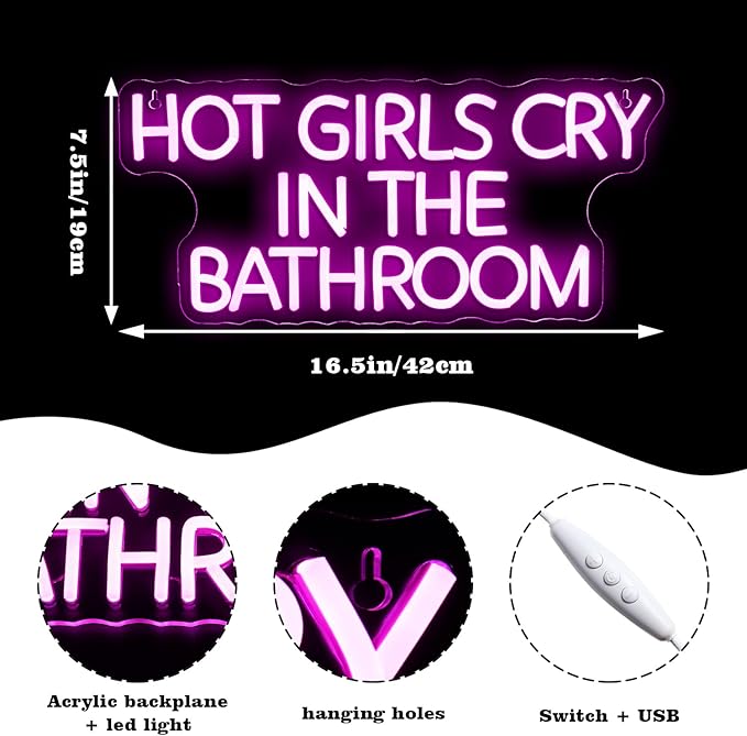 Looklight Hot Girl Cry in The Bathroom Neon Sign,Words Neon Light,Pink Letter Led High Visibility Advertisement Board USB Wall Decor for Bar Girls Room Bathroom Pub