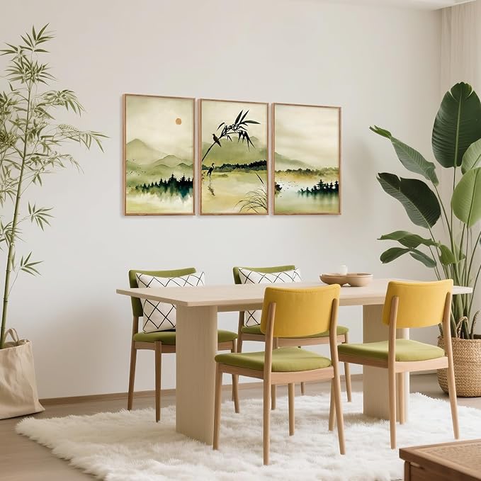 CHDITB Zen Landscape Framed Canvas Wall Art Set, Green Ink Wash Wall Decor, Mountain Lake Bamboo Art Spiritual Wall Painting, Vintage Ink Wash Art Prints for Living Room, Bedroom, Office-16 x24 x3