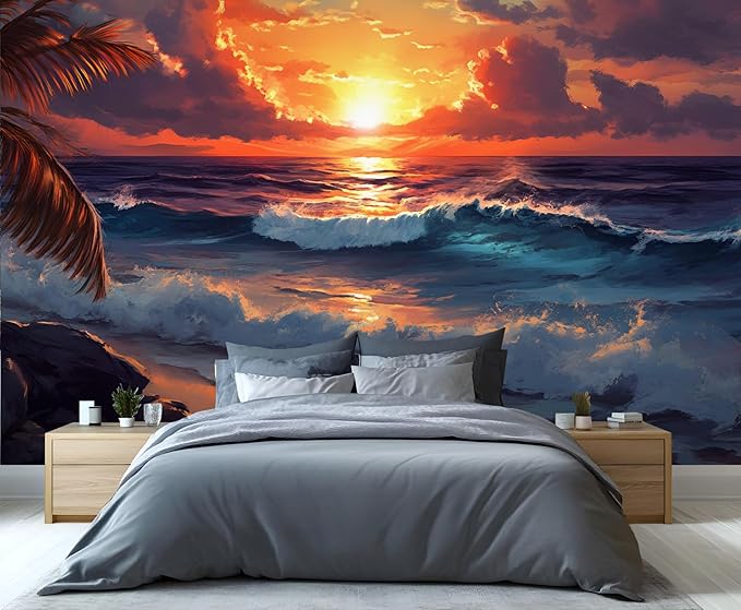 Coastal Mural Wallpaper, Ocean Sunset Murals, Cartoon Palm Trees Murals Wallpaper for Living Room Bedroom Home Decor Mural - 78.7" W x 55.9" H (Not Peel Stick)