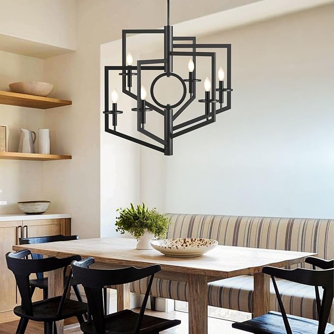 Black Chandelier, 6-Light Dining Room Light Fixtures Over Table, Farmhouse Kitchen Island Lighting, Modern Foyer Lighting Fixtures, Foyer Chandeliers for High Ceilings, for Staircase, Entryway