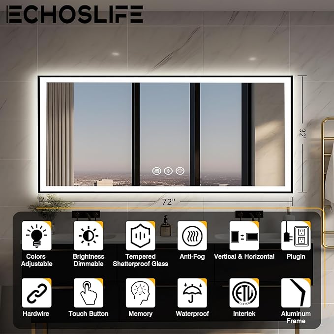 72x32 LED Bathroom Vanity Mirror - Black Aluminum Framed, Front and Backlit, Anti-Fog, Stepless Dimmable, 3 Colors Smart Mirror