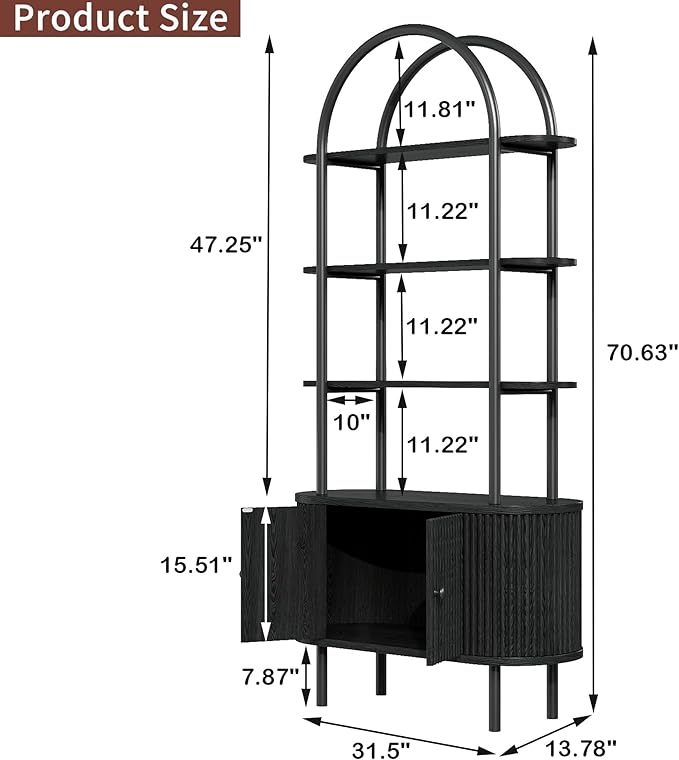 71" Tall Bookshelf, Bookcase, 4-Tier Book Shelf with Storage Cabinet, Curved Metal Frame Bookcase, Freestanding Industrial Storage Display Shelving for Living Room Office Bedroom, Black
