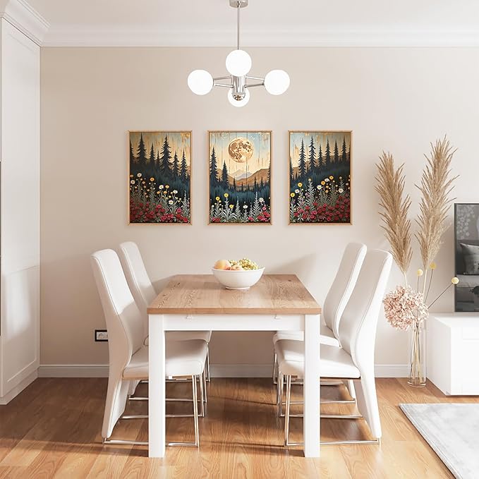 Ausril Vintage Moon Forest Wall Art Set of 3-16x24 Inch Framed Canvas Prints, Wildflower Mountain Landscape Painting, Nature Pine Tree Floral Decor for Living Room, Bedroom, Office, Boho Home Decor