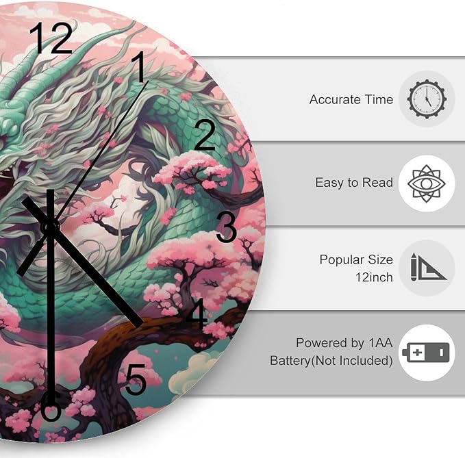 Pink Dragon-Themed Round Wall Clock, Pink Background Flower Tree Girl's Personalized Oriental Dragon Decoration, Wooden Silent Wall Clock for Family Room Bedroom 12x12INCH