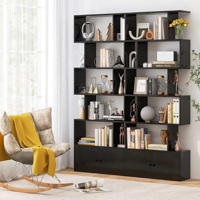 6-Tier Geometric Bookcase Set of 2, 72” Freestanding Room Divider Bookshelf with Open Display Shelves & Storage Cabinet, Wood S-Shaped Storage Organizer for Living Room, Bedroom & Home Office