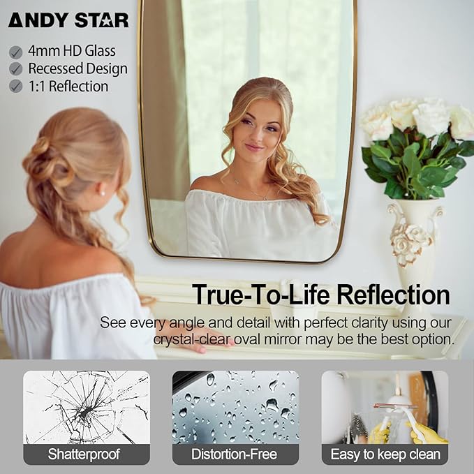 ANDY STAR Gold Oblong Mirror, 36x40 Inch Gold Oval Mirror for Bathroom with Stainless Steel Metal Frame, Wall Mouned for Bathroom, Living Room, Entryway