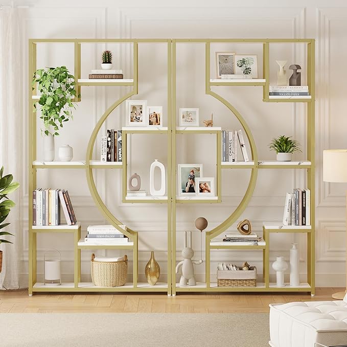 Modern Book Shelf, White and Gold Bookshelf, 70.8 Inch Tall Etagere Bookcase, Set of 2 Geometric Display Shelves for Living Room, Bookcases/Bookshelf with Metal Frame for Home Office