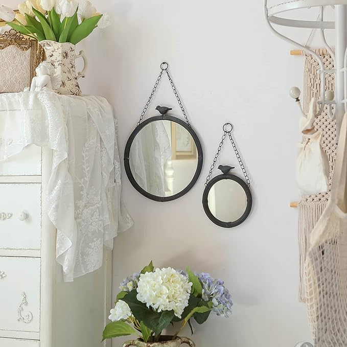 NIKKY HOME 11.2" Decorative Small Hanging Mirrors Vintage Rustic Round Metal Framed Wall Mounted Mirror Decor with Bird for Bathroom Living Room Office, Antiqued Black
