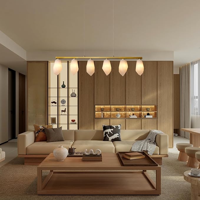 Alabaster Chandelier, 39" 6-Light Linear Chandelier with Bulb, Rectangular Chandeliers for Dining Room, Large Chandeliers for Kitchen Over Table, Island Lights Pendant Light Fixtures