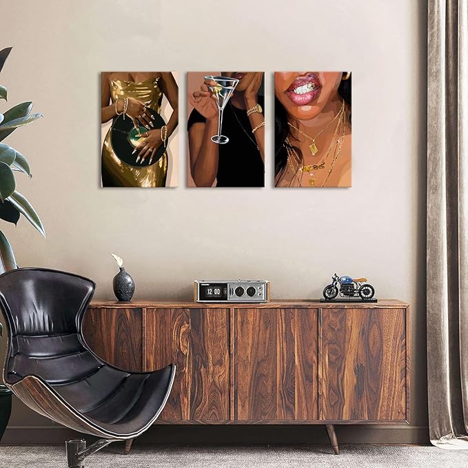 Black Woman Wall Art Set of 3, Trendy African American Women Painting Black Girl Song Lover Canvas Poster Prints Aesthetic Picture for Girls room Decor Female Bedroom Living Room Home Decoration 16x24